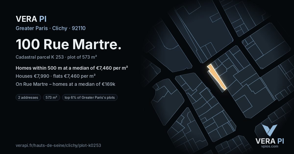 100 Rue Martre, Clichy at night – the plot lit, the parcels around coloured by the prices near them