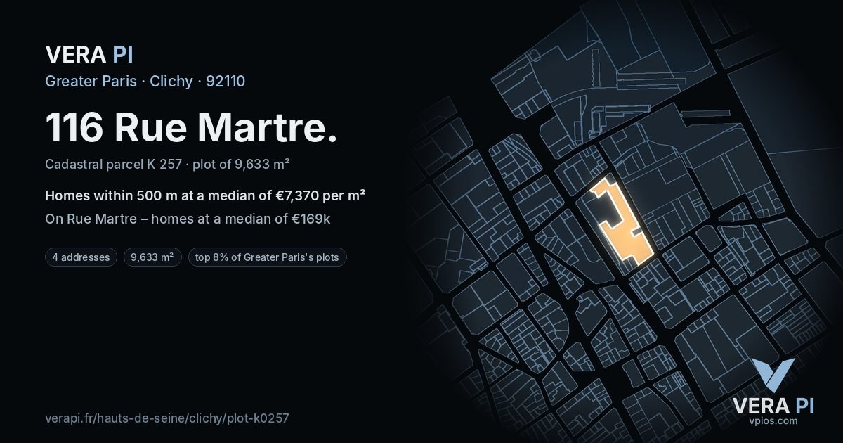 116 Rue Martre, Clichy at night – the plot lit, the parcels around coloured by the prices near them