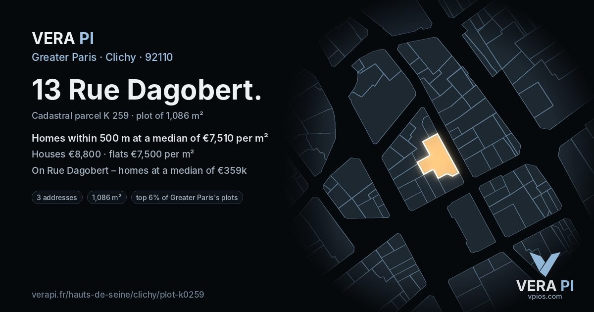 13 Rue Dagobert, Clichy at night – the plot lit, the parcels around coloured by the prices near them
