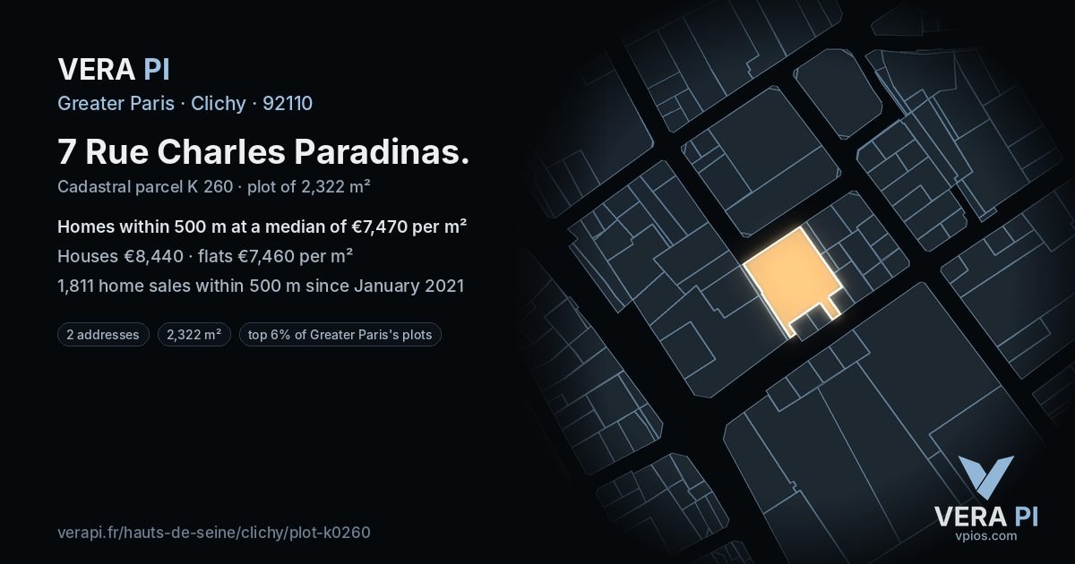 7 Rue Charles Paradinas, Clichy at night – the plot lit, the parcels around coloured by the prices near them