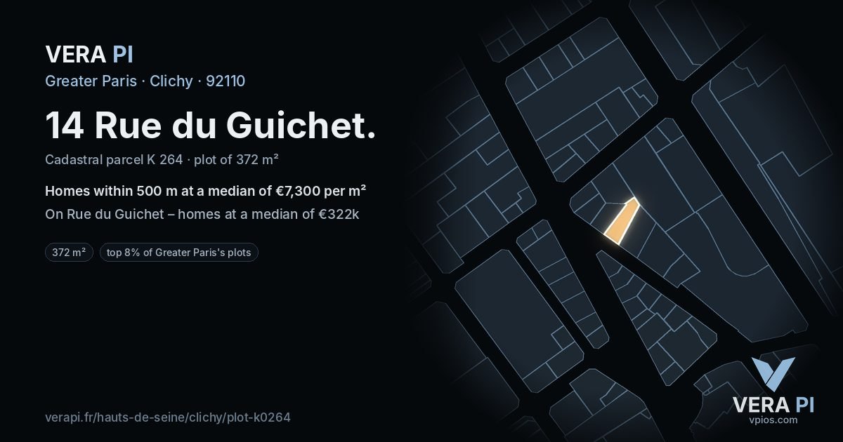 14 Rue du Guichet, Clichy at night – the plot lit, the parcels around coloured by the prices near them