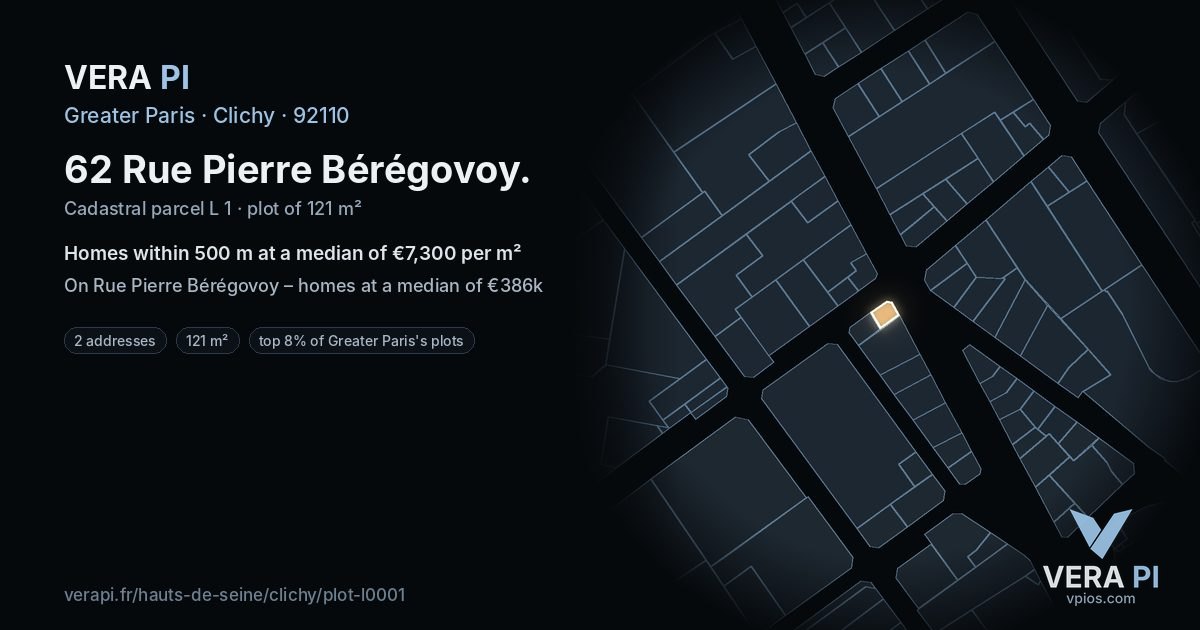 62 Rue Pierre Bérégovoy, Clichy at night – the plot lit, the parcels around coloured by the prices near them
