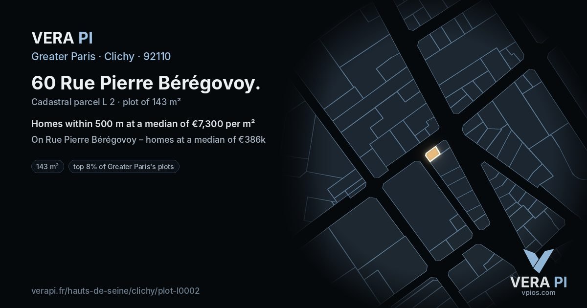 60 Rue Pierre Bérégovoy, Clichy at night – the plot lit, the parcels around coloured by the prices near them