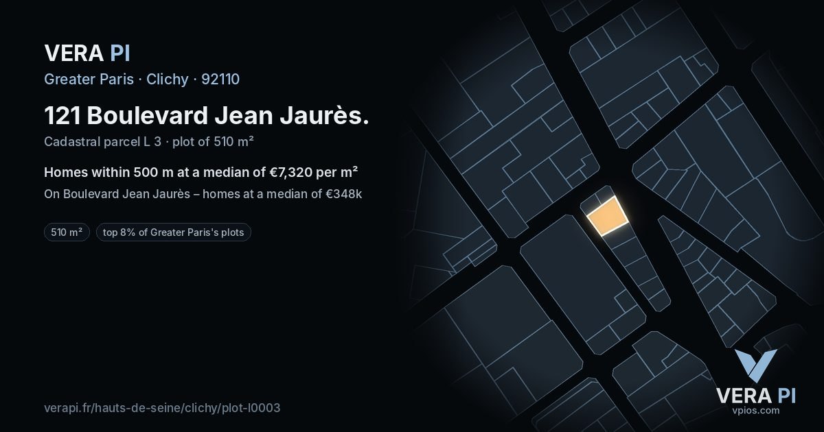 121 Boulevard Jean Jaurès, Clichy at night – the plot lit, the parcels around coloured by the prices near them