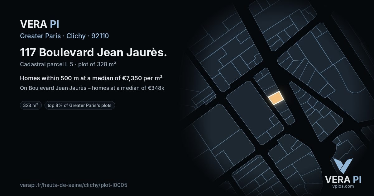 117 Boulevard Jean Jaurès, Clichy at night – the plot lit, the parcels around coloured by the prices near them