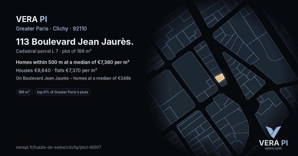113 Boulevard Jean Jaurès, Clichy at night – the plot lit, the parcels around coloured by the prices near them
