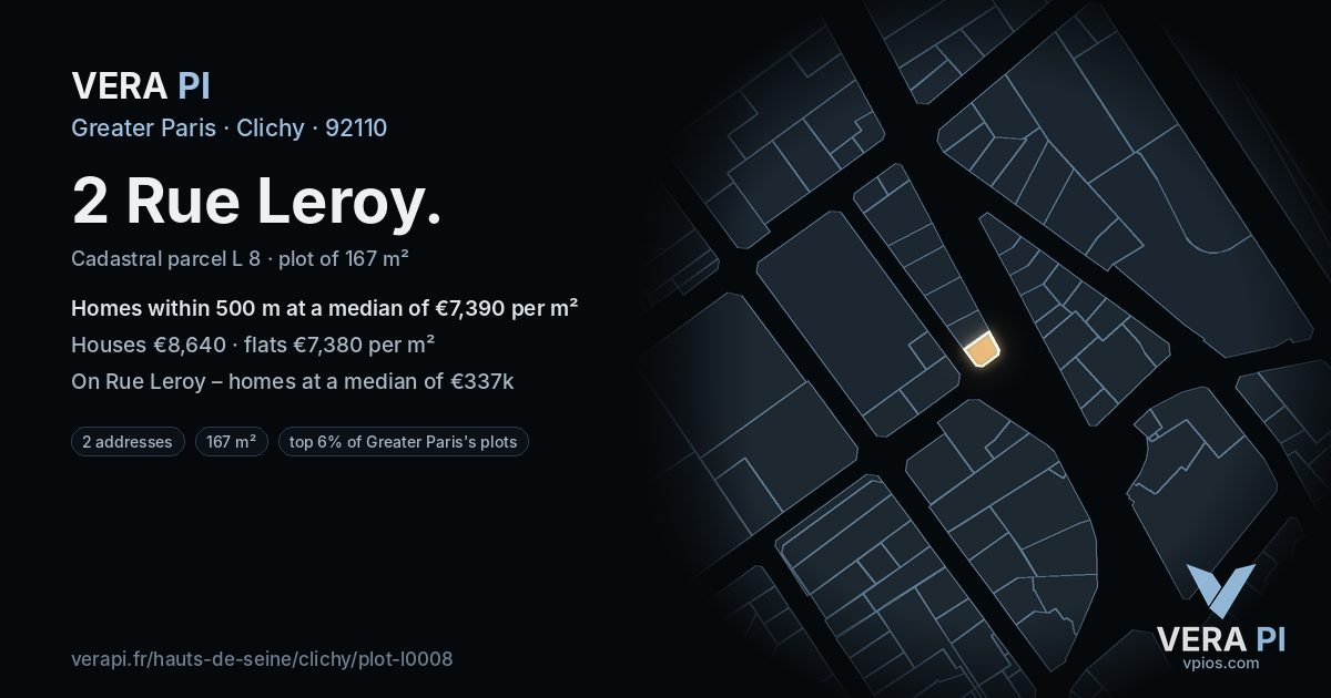 2 Rue Leroy, Clichy at night – the plot lit, the parcels around coloured by the prices near them