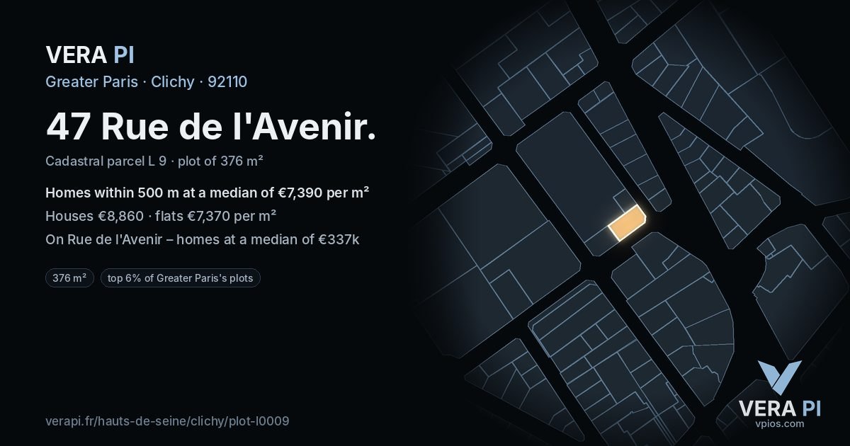 47 Rue de l'Avenir, Clichy at night – the plot lit, the parcels around coloured by the prices near them