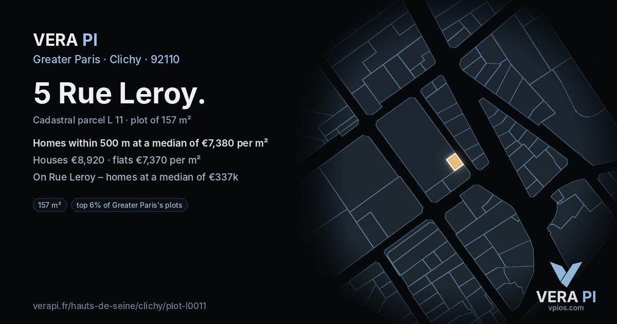 5 Rue Leroy, Clichy at night – the plot lit, the parcels around coloured by the prices near them