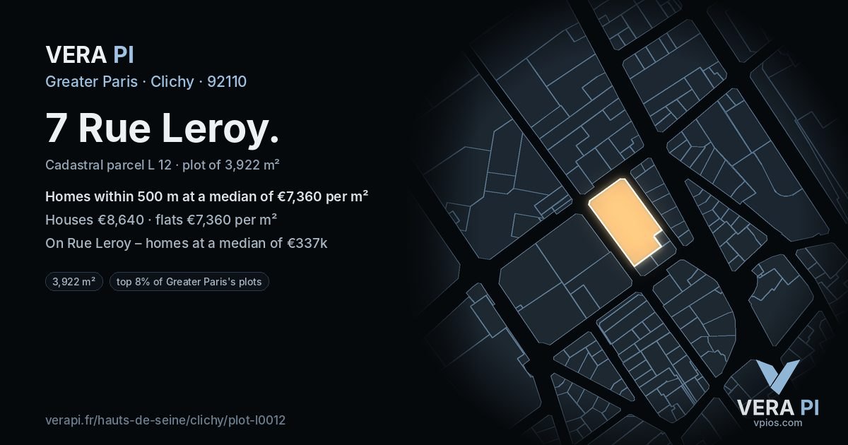 7 Rue Leroy, Clichy at night – the plot lit, the parcels around coloured by the prices near them