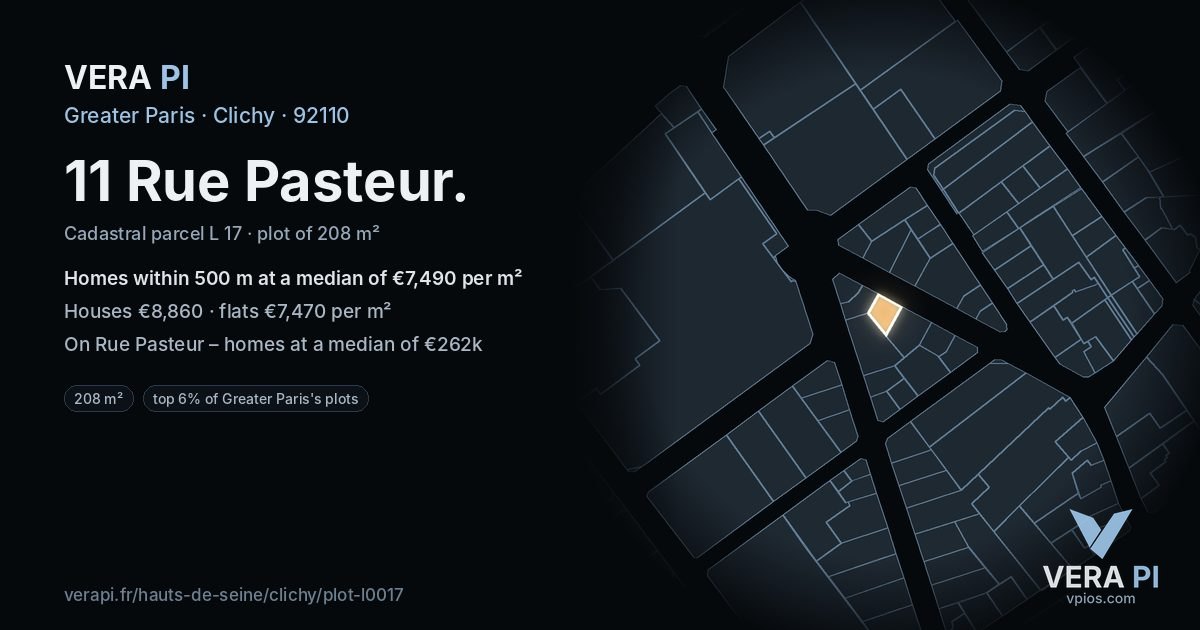 11 Rue Pasteur, Clichy at night – the plot lit, the parcels around coloured by the prices near them