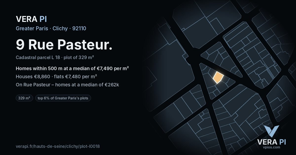 9 Rue Pasteur, Clichy at night – the plot lit, the parcels around coloured by the prices near them