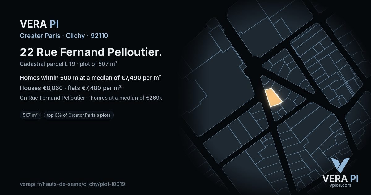 22 Rue Fernand Pelloutier, Clichy at night – the plot lit, the parcels around coloured by the prices near them