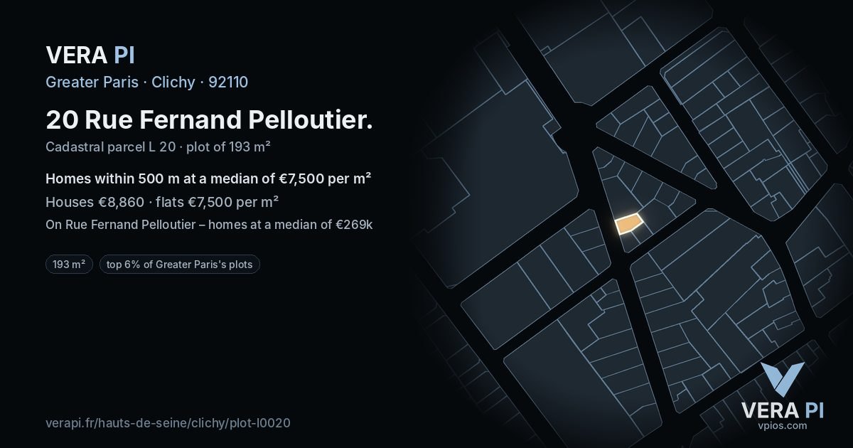 20 Rue Fernand Pelloutier, Clichy at night – the plot lit, the parcels around coloured by the prices near them
