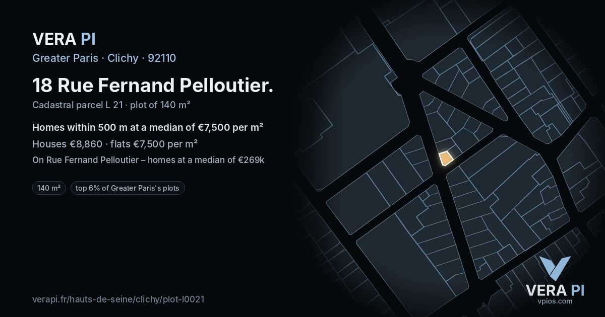 18 Rue Fernand Pelloutier, Clichy at night – the plot lit, the parcels around coloured by the prices near them