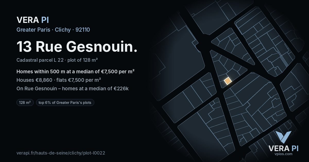 13 Rue Gesnouin, Clichy at night – the plot lit, the parcels around coloured by the prices near them