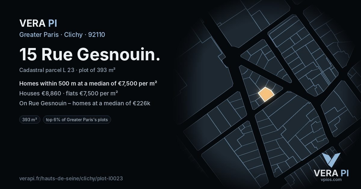 15 Rue Gesnouin, Clichy at night – the plot lit, the parcels around coloured by the prices near them