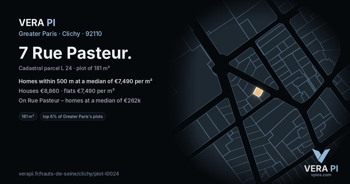 7 Rue Pasteur, Clichy at night – the plot lit, the parcels around coloured by the prices near them