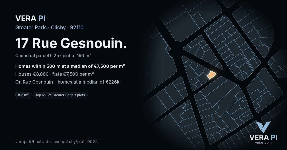 17 Rue Gesnouin, Clichy at night – the plot lit, the parcels around coloured by the prices near them