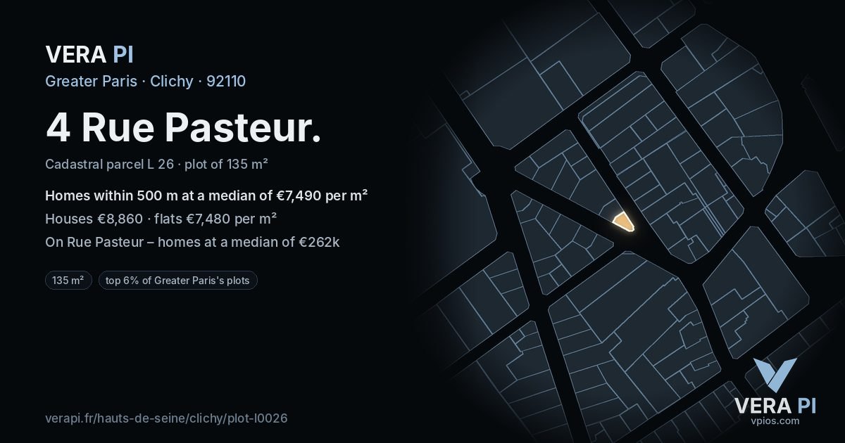 4 Rue Pasteur, Clichy at night – the plot lit, the parcels around coloured by the prices near them