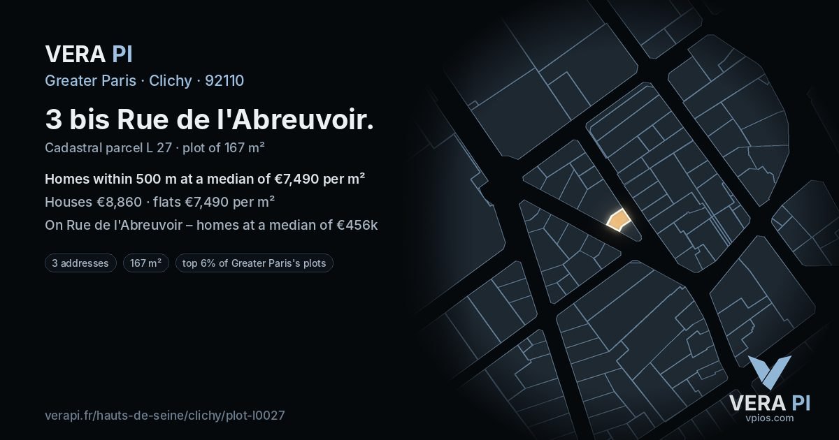 3 bis Rue de l'Abreuvoir, Clichy at night – the plot lit, the parcels around coloured by the prices near them