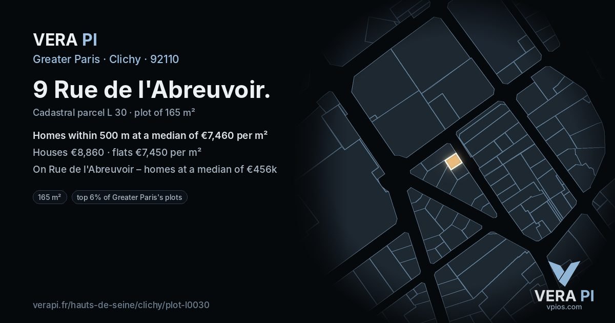 9 Rue de l'Abreuvoir, Clichy at night – the plot lit, the parcels around coloured by the prices near them