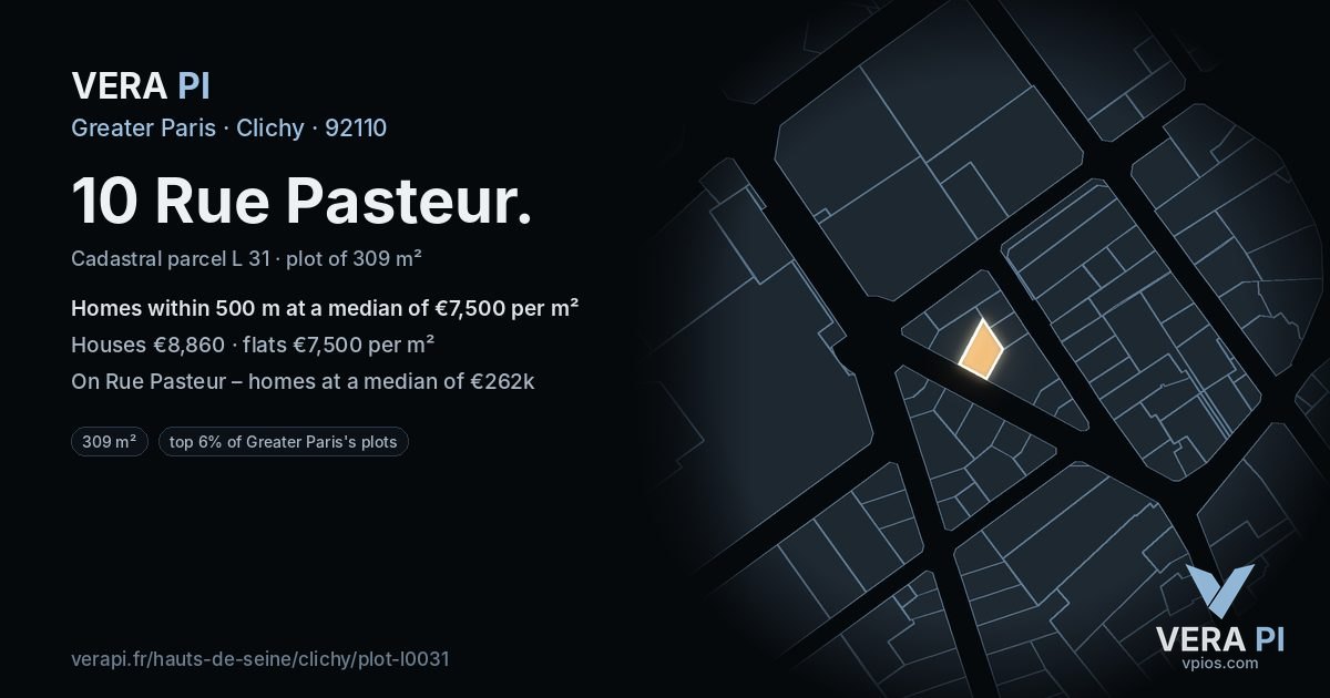 10 Rue Pasteur, Clichy at night – the plot lit, the parcels around coloured by the prices near them