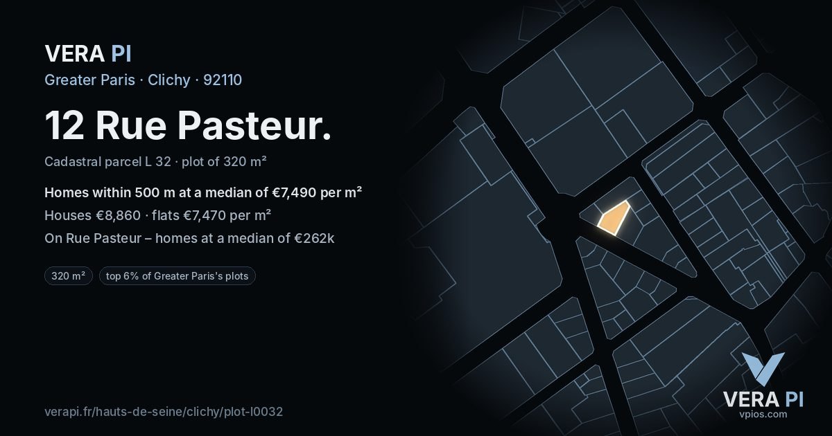 12 Rue Pasteur, Clichy at night – the plot lit, the parcels around coloured by the prices near them
