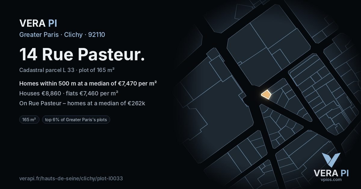 14 Rue Pasteur, Clichy at night – the plot lit, the parcels around coloured by the prices near them