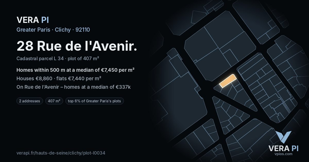 28 Rue de l'Avenir, Clichy at night – the plot lit, the parcels around coloured by the prices near them