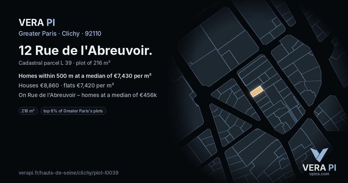 12 Rue de l'Abreuvoir, Clichy at night – the plot lit, the parcels around coloured by the prices near them