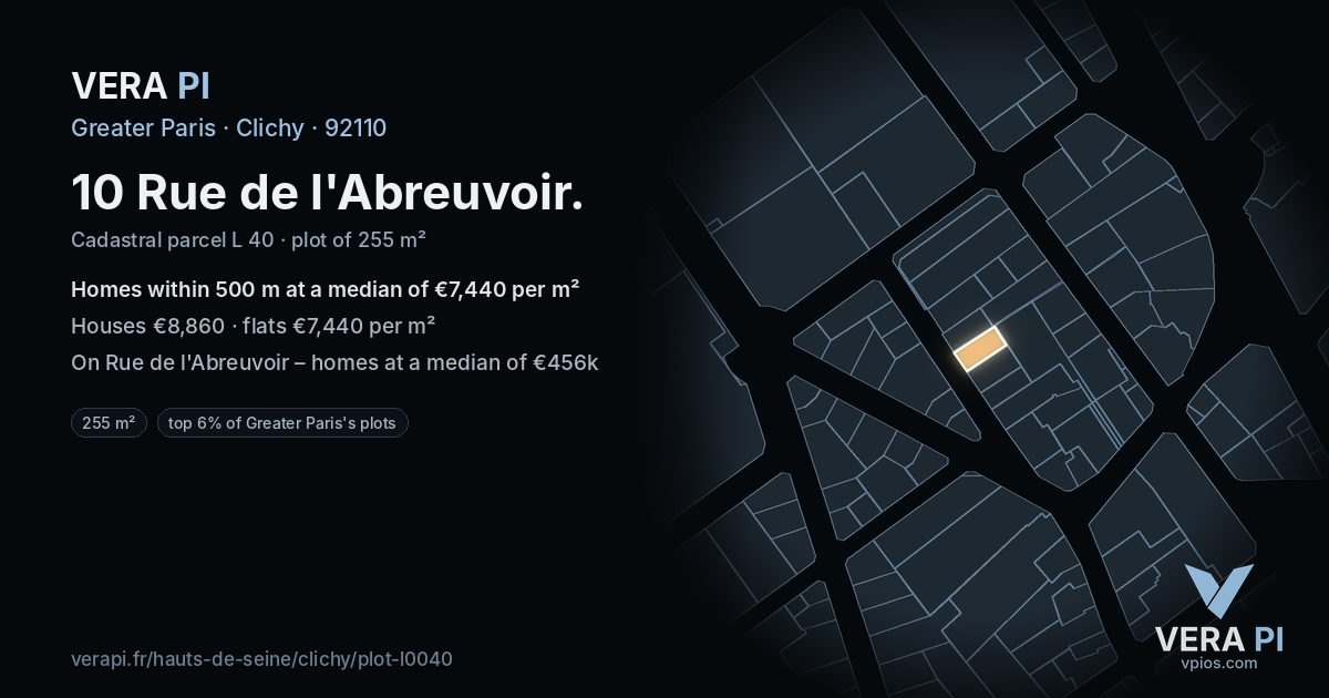10 Rue de l'Abreuvoir, Clichy at night – the plot lit, the parcels around coloured by the prices near them