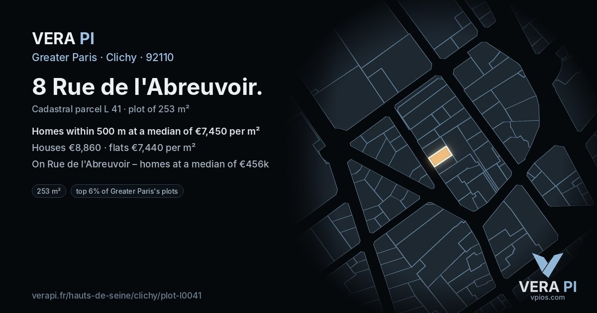 8 Rue de l'Abreuvoir, Clichy at night – the plot lit, the parcels around coloured by the prices near them