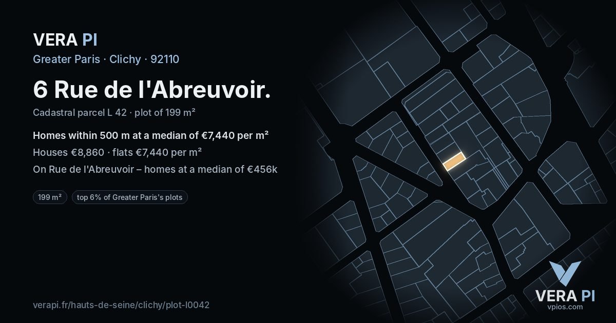 6 Rue de l'Abreuvoir, Clichy at night – the plot lit, the parcels around coloured by the prices near them