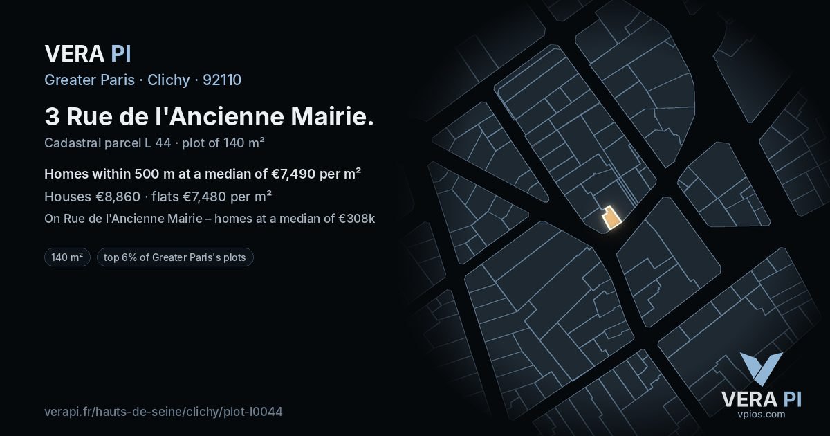 3 Rue de l'Ancienne Mairie, Clichy at night – the plot lit, the parcels around coloured by the prices near them