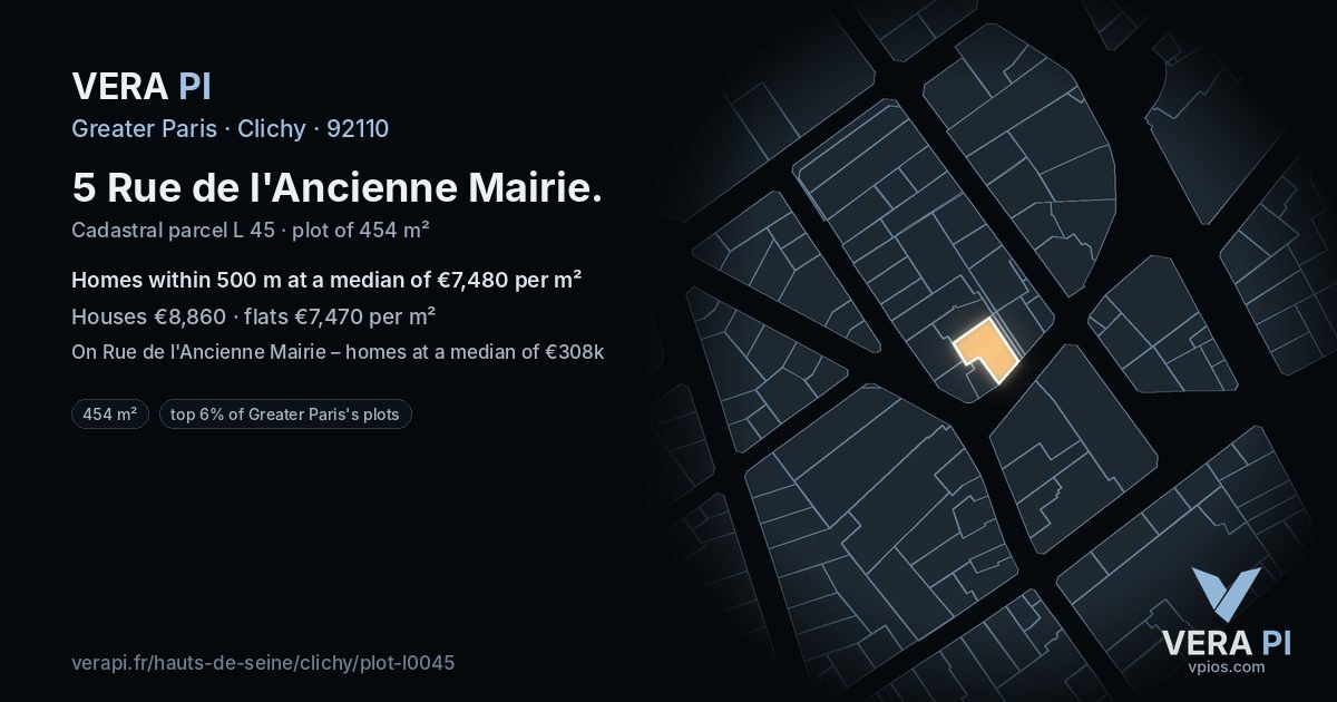5 Rue de l'Ancienne Mairie, Clichy at night – the plot lit, the parcels around coloured by the prices near them