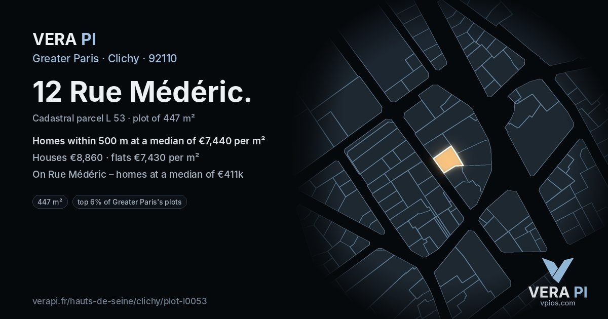 12 Rue Médéric, Clichy at night – the plot lit, the parcels around coloured by the prices near them