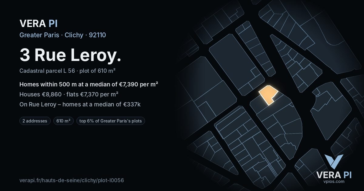 3 Rue Leroy, Clichy at night – the plot lit, the parcels around coloured by the prices near them