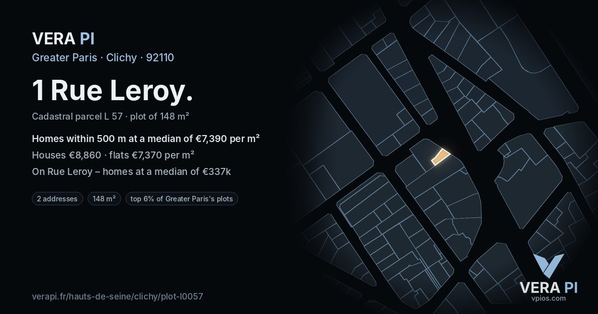 1 Rue Leroy, Clichy at night – the plot lit, the parcels around coloured by the prices near them
