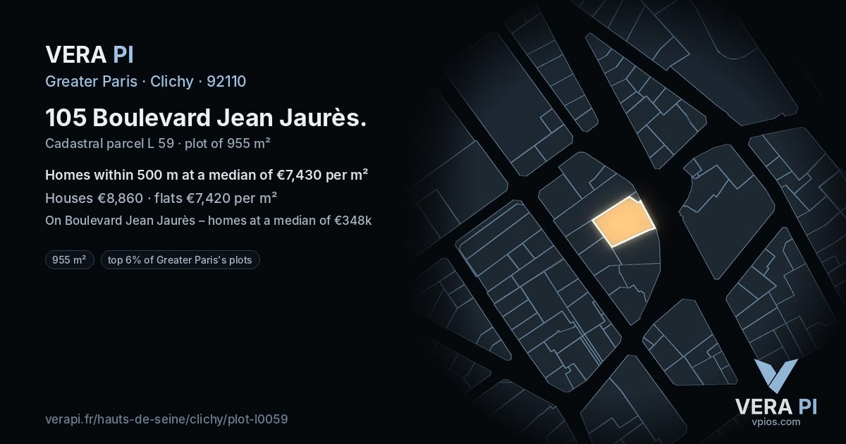 105 Boulevard Jean Jaurès, Clichy at night – the plot lit, the parcels around coloured by the prices near them
