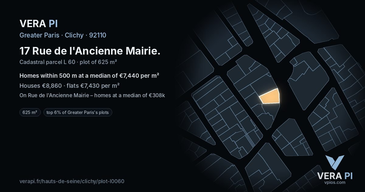 17 Rue de l'Ancienne Mairie, Clichy at night – the plot lit, the parcels around coloured by the prices near them