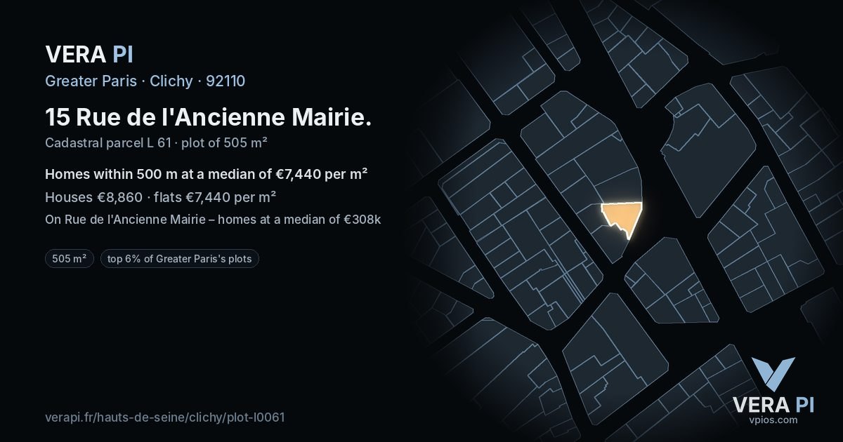 15 Rue de l'Ancienne Mairie, Clichy at night – the plot lit, the parcels around coloured by the prices near them