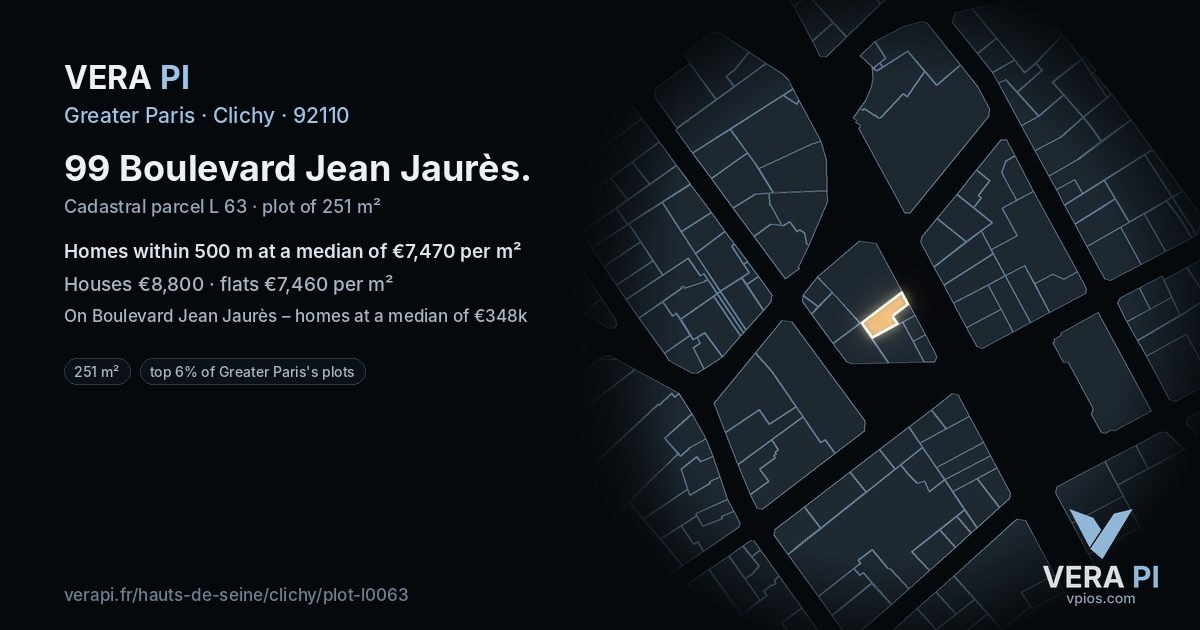 99 Boulevard Jean Jaurès, Clichy at night – the plot lit, the parcels around coloured by the prices near them