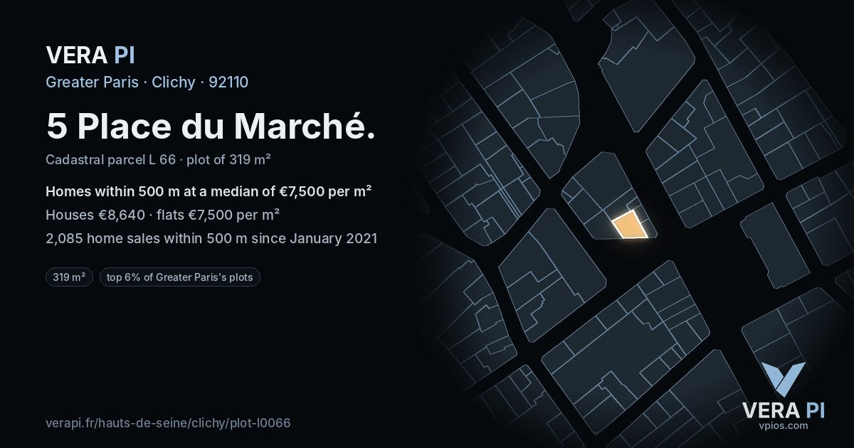 5 Place du Marché, Clichy at night – the plot lit, the parcels around coloured by the prices near them