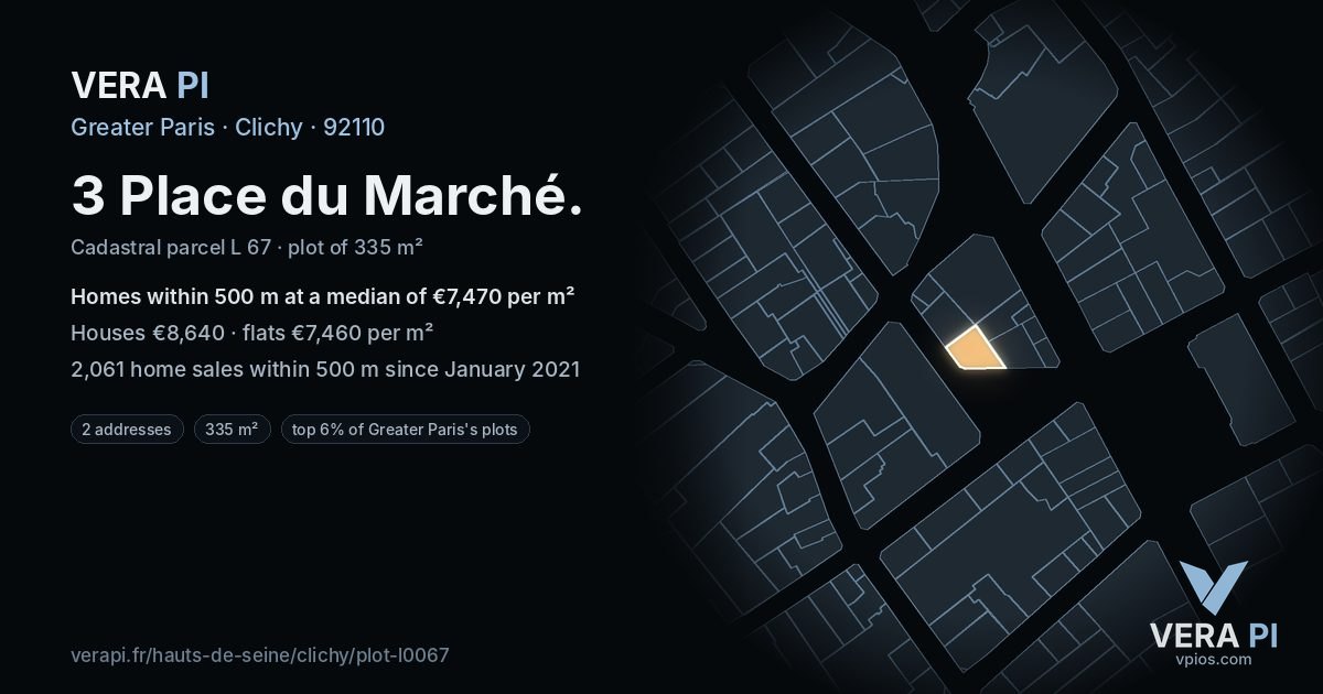 3 Place du Marché, Clichy at night – the plot lit, the parcels around coloured by the prices near them