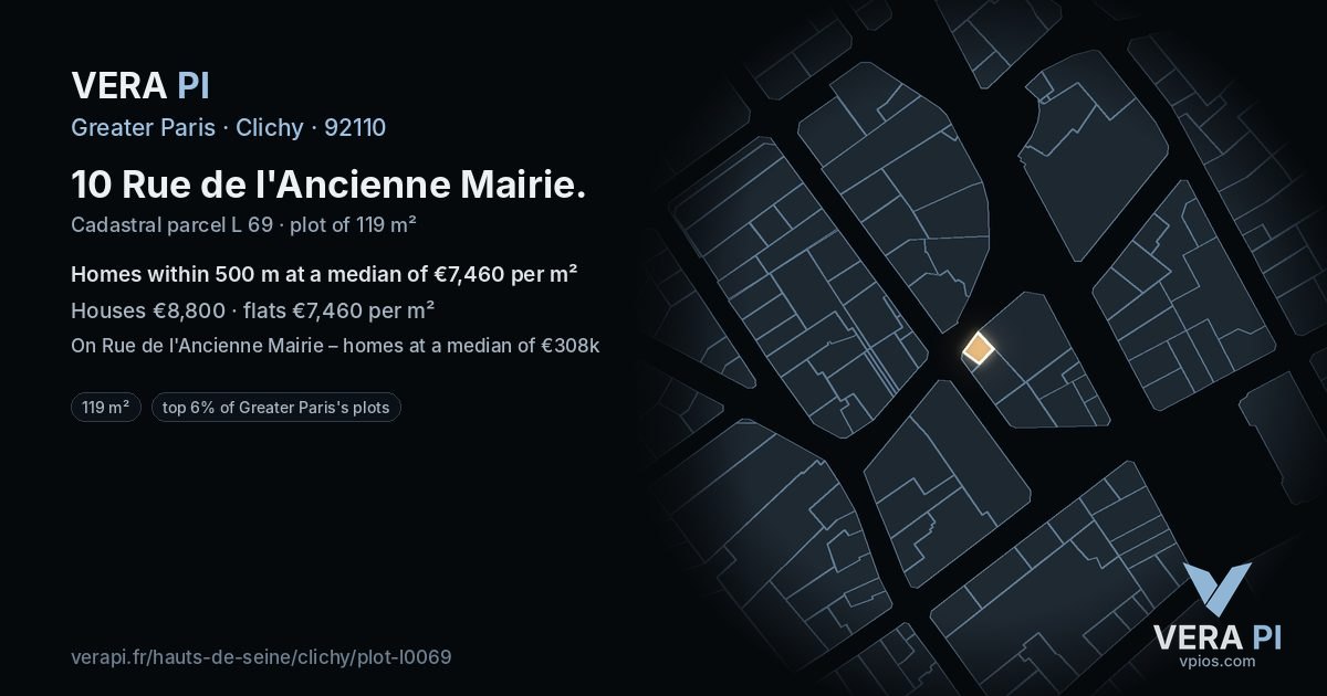 10 Rue de l'Ancienne Mairie, Clichy at night – the plot lit, the parcels around coloured by the prices near them