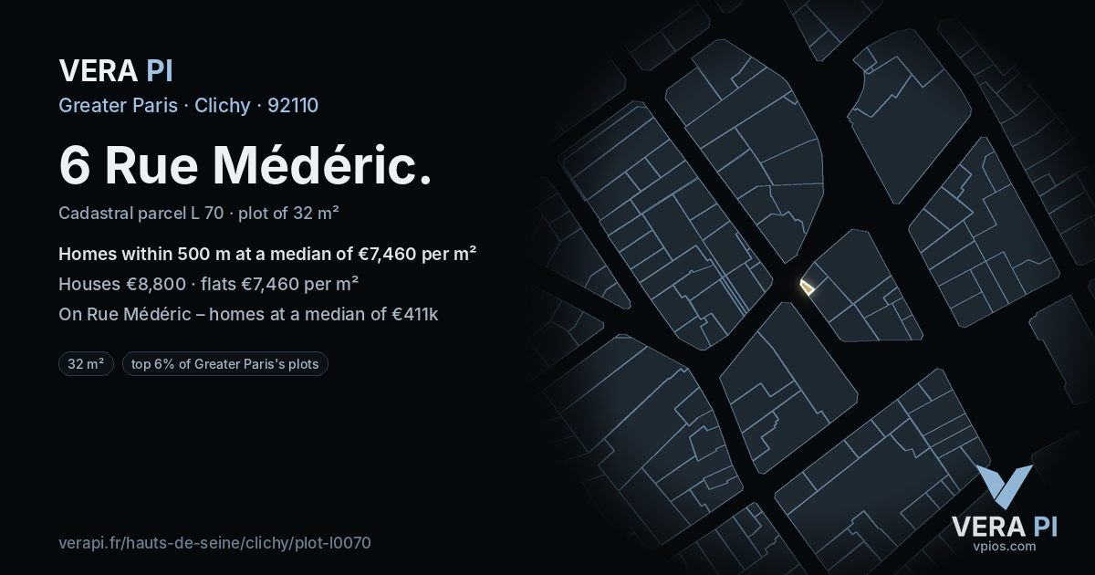 6 Rue Médéric, Clichy at night – the plot lit, the parcels around coloured by the prices near them