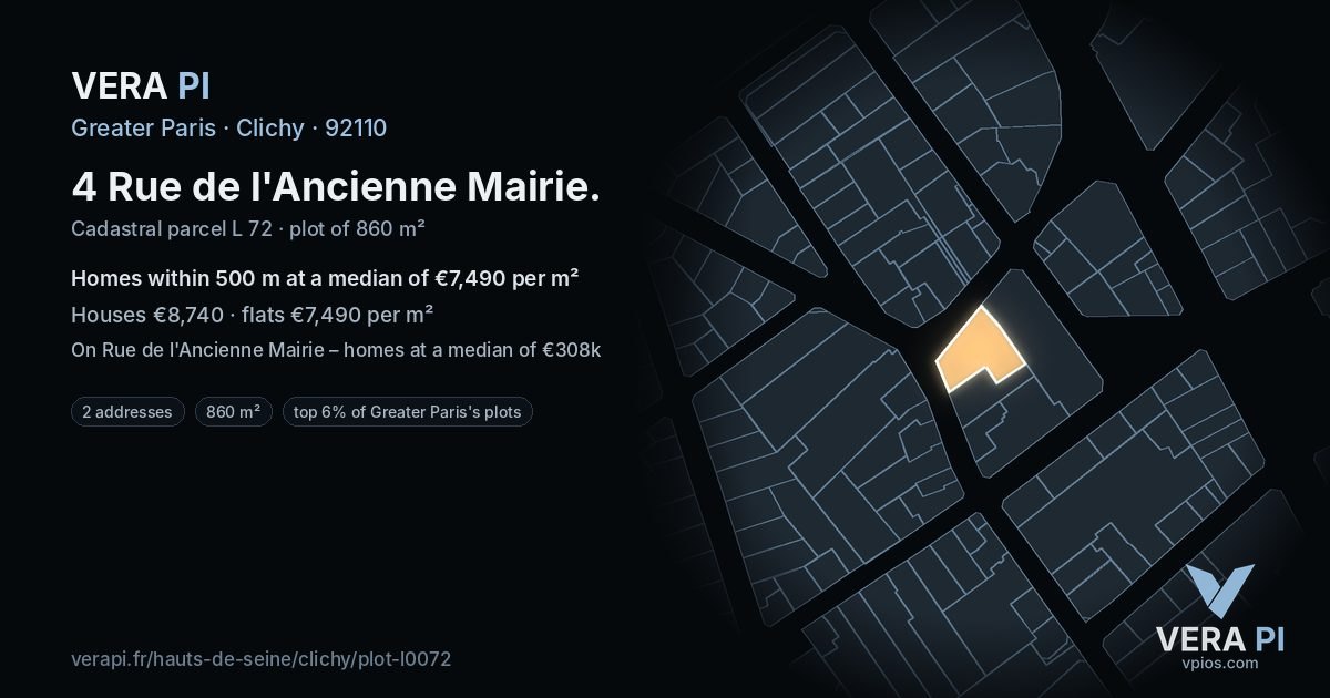 4 Rue de l'Ancienne Mairie, Clichy at night – the plot lit, the parcels around coloured by the prices near them