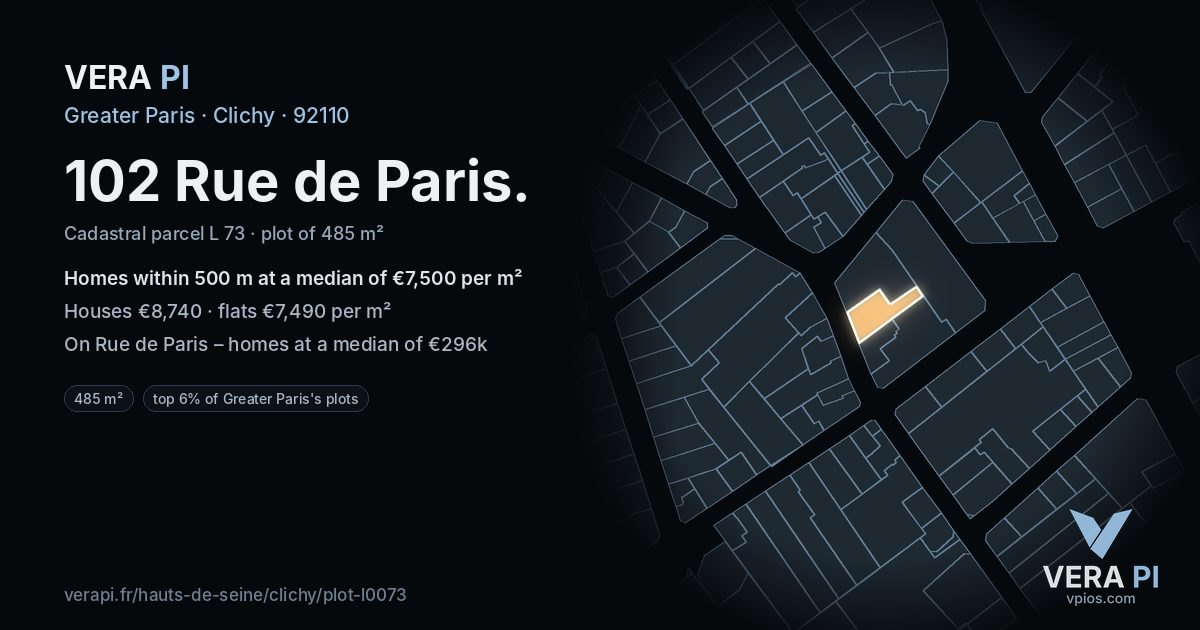 102 Rue de Paris, Clichy at night – the plot lit, the parcels around coloured by the prices near them