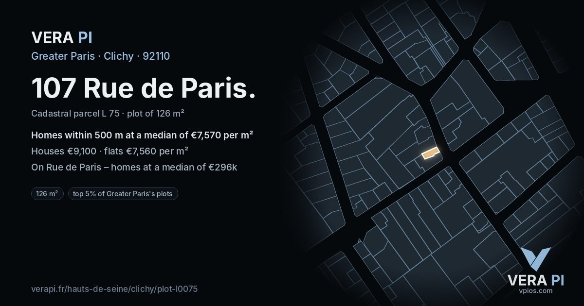 107 Rue de Paris, Clichy at night – the plot lit, the parcels around coloured by the prices near them